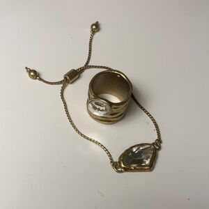 Gold Tone Ring Sz 7 and Bracelet Set with Clear Gemstones